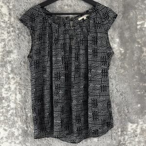 41 Hawthorn Size L Polka Dot Casual Keyhole Tie Top Black Cap Sleeve